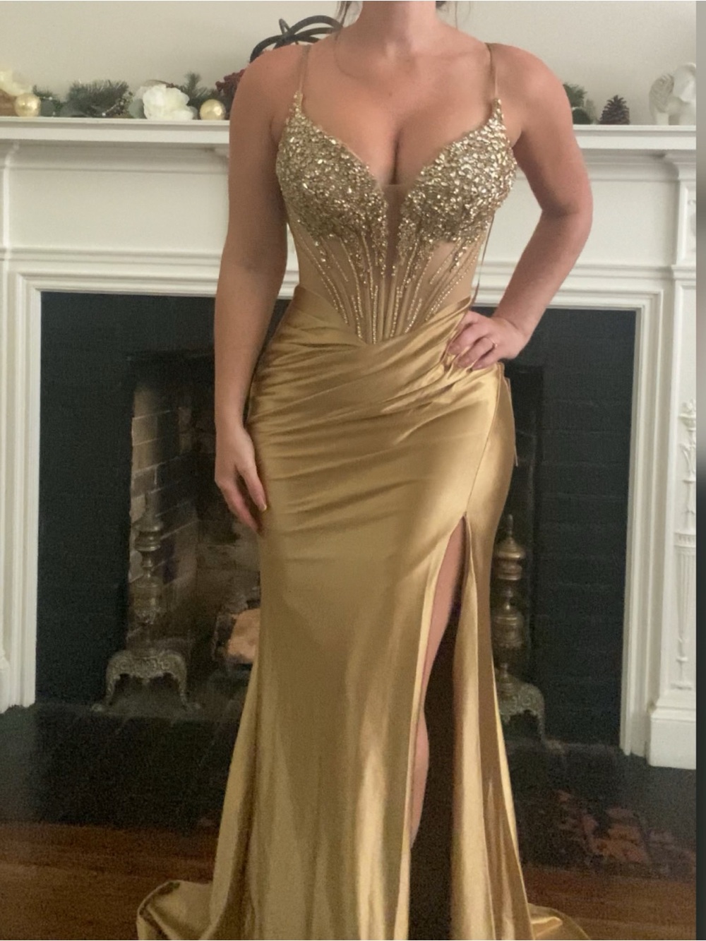 Beaded gold corset prom dress, formal dress, gala gown or pageant evening gown